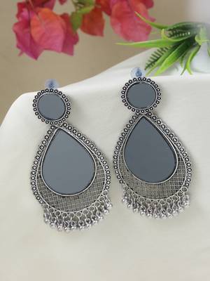Ethnic silver oxidized indian wedding bollywood teardrop shaped dangle earrings for women  1