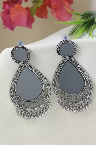 Ethnic silver oxidized indian wedding bollywood teardrop shaped dangle earrings for women 