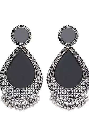 Ethnic silver oxidized indian wedding bollywood teardrop shaped dangle earrings for women 