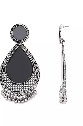 Ethnic silver oxidized indian wedding bollywood teardrop shaped dangle earrings for women 