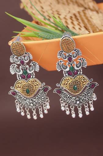 Ethnic silver oxidized indian wedding bollywood peacock statement jhumka earrings for women (e3330oxmg)