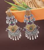 Ethnic silver oxidized indian wedding bollywood peacock statement jhumka earrings for women (e3330oxmg)