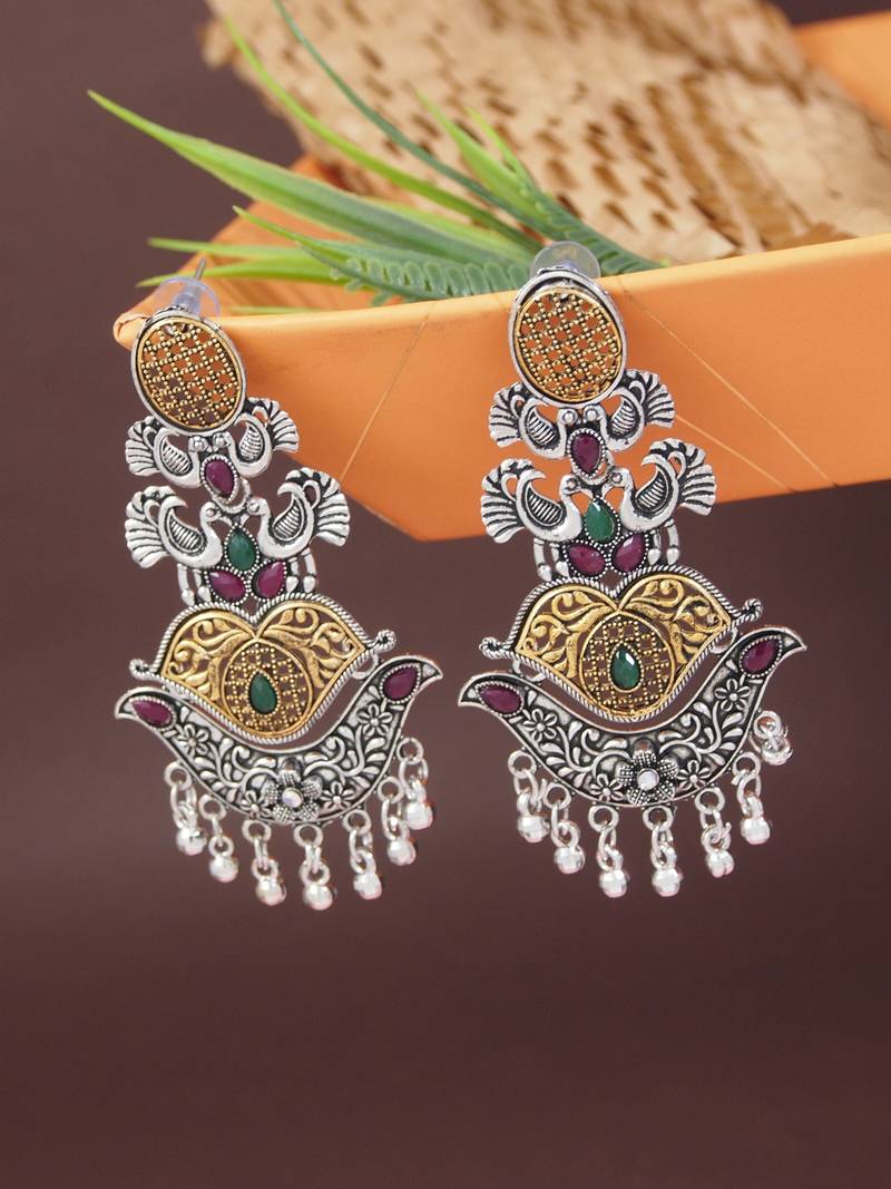 Ethnic silver oxidized indian wedding bollywood peacock statement jhumka earrings for women (e3330oxmg)