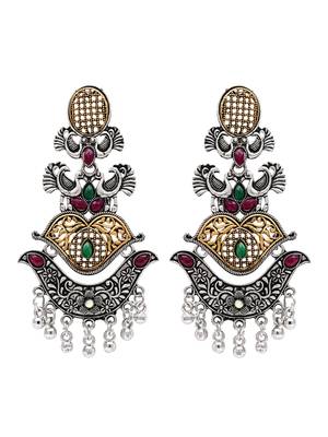 Ethnic silver oxidized indian wedding bollywood peacock statement jhumka earrings for women (e3330oxmg) 2