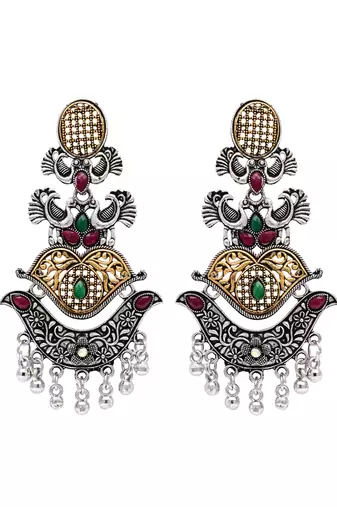 Ethnic silver oxidized indian wedding bollywood peacock statement jhumka earrings for women (e3330oxmg)