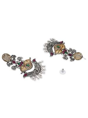 Ethnic silver oxidized indian wedding bollywood peacock statement jhumka earrings for women (e3330oxmg) 3