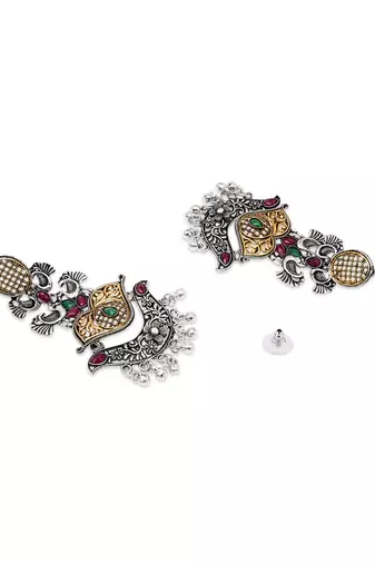 Ethnic silver oxidized indian wedding bollywood peacock statement jhumka earrings for women (e3330oxmg)