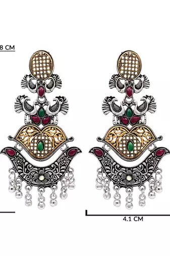 Ethnic silver oxidized indian wedding bollywood peacock statement jhumka earrings for women (e3330oxmg)