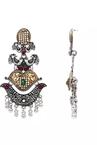 Ethnic silver oxidized indian wedding bollywood peacock statement jhumka earrings for women (e3330oxmg)