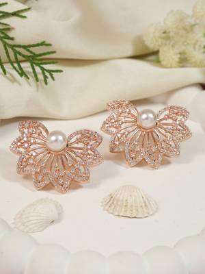 Rose  cubic zirconia and american diamond fashionable pearl look stud earrings for women  1