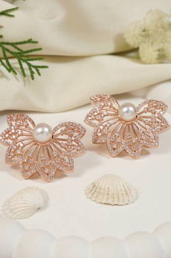 Rose  cubic zirconia and american diamond fashionable pearl look stud earrings for women (e3355rg)