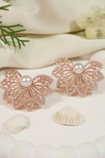 Rose  cubic zirconia and american diamond fashionable pearl look stud earrings for women 
