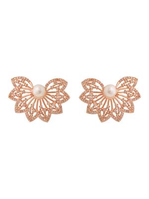 Rose  cubic zirconia and american diamond fashionable pearl look stud earrings for women  2