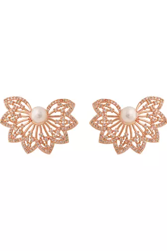 Rose  cubic zirconia and american diamond fashionable pearl look stud earrings for women 