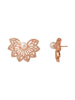 Rose  cubic zirconia and american diamond fashionable pearl look stud earrings for women  3