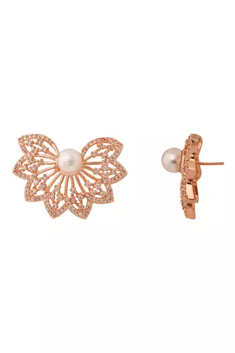 Rose  cubic zirconia and american diamond fashionable pearl look stud earrings for women 