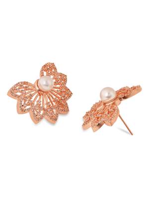 Rose  cubic zirconia and american diamond fashionable pearl look stud earrings for women  4