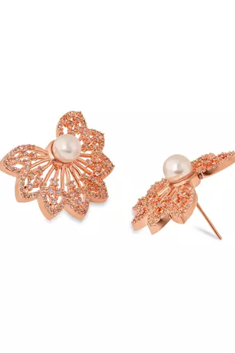 Rose  cubic zirconia and american diamond fashionable pearl look stud earrings for women 