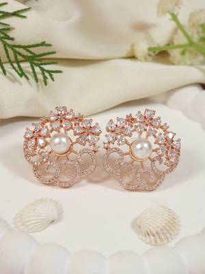 Rose  cubic zirconia and american diamond fashionable pearl look stud earrings for women  1