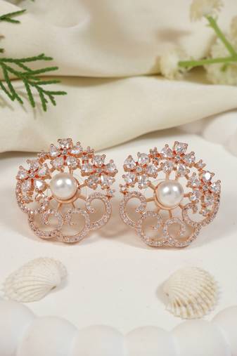 Rose  cubic zirconia and american diamond fashionable pearl look stud earrings for women (e3356rg)