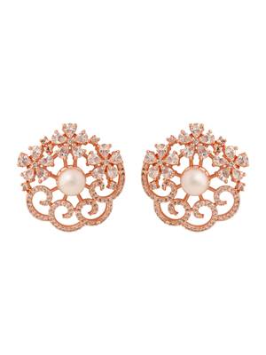 Rose  cubic zirconia and american diamond fashionable pearl look stud earrings for women  2