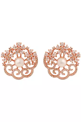 Rose  cubic zirconia and american diamond fashionable pearl look stud earrings for women 