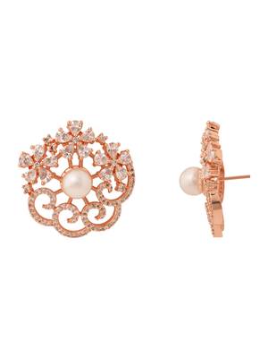 Rose  cubic zirconia and american diamond fashionable pearl look stud earrings for women  3
