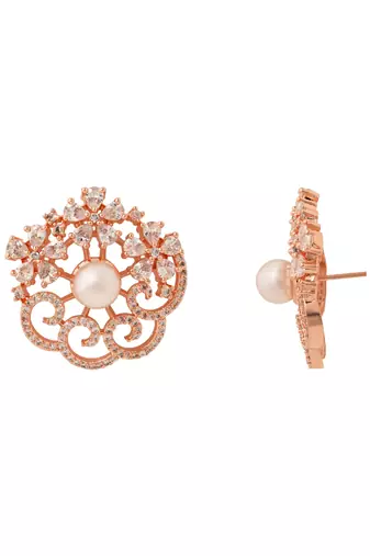 Rose  cubic zirconia and american diamond fashionable pearl look stud earrings for women 