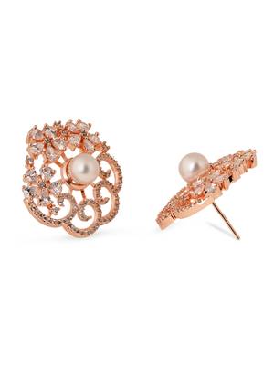 Rose  cubic zirconia and american diamond fashionable pearl look stud earrings for women  4