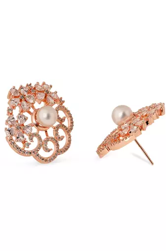 Rose  cubic zirconia and american diamond fashionable pearl look stud earrings for women 