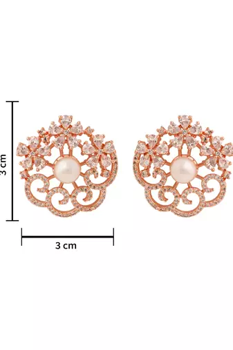 Rose  cubic zirconia and american diamond fashionable pearl look stud earrings for women 