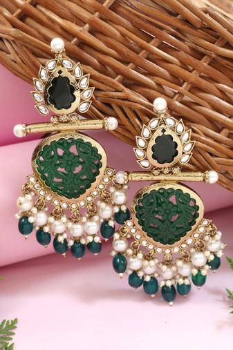 Traditional kundan & pearl style dangle earrings for women (green)