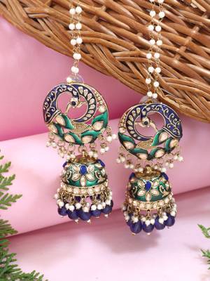 Traditional meenakari kundan jhumka with ear chain for women  1