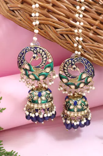 Traditional meenakari kundan jhumka with ear chain for women (e3379)