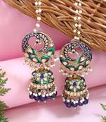 Traditional meenakari kundan jhumka with ear chain for women 