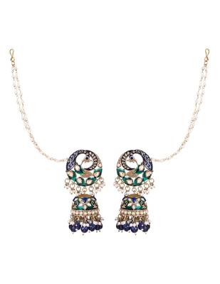 Traditional meenakari kundan jhumka with ear chain for women  2