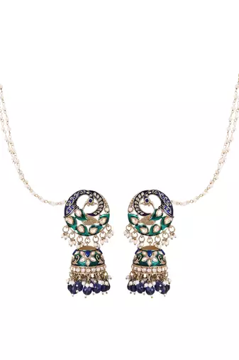 Traditional meenakari kundan jhumka with ear chain for women 