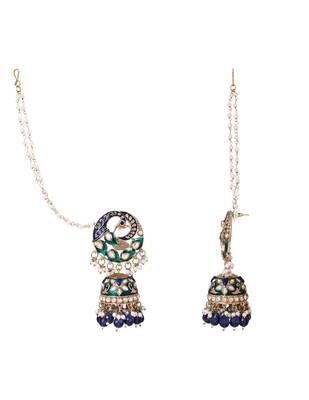 Traditional meenakari kundan jhumka with ear chain for women  3