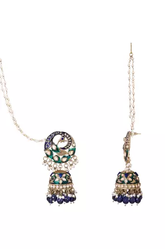 Traditional meenakari kundan jhumka with ear chain for women 