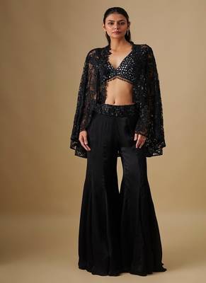 Black embroidered satin cape set 1
