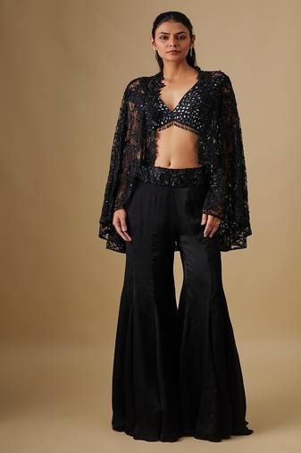Black embroidered satin cape set