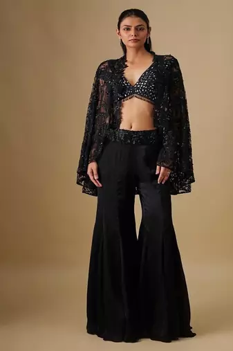 Black embroidered satin cape set
