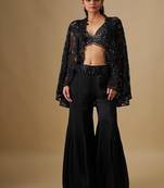 Black embroidered satin cape set