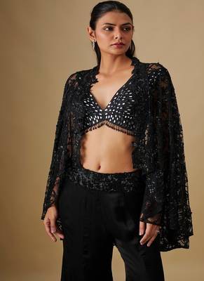 Black embroidered satin cape set 2