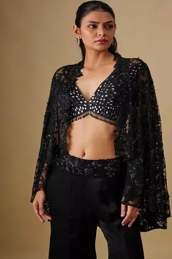 Black embroidered satin cape set