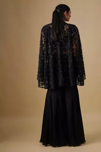 Black embroidered satin cape set