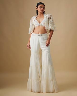 Ivory embroidered satin cape set 1