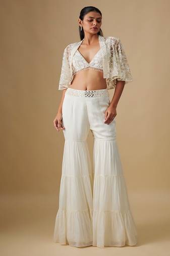 Ivory embroidered satin cape set