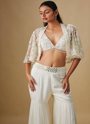Ivory embroidered satin cape set 2