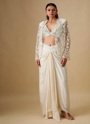 Ivory embroidered satin cape set 1